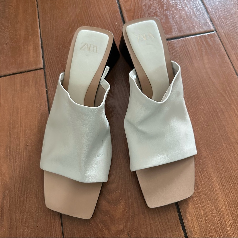 Zara Shoes Woman Mules Kitten Heel Leather Beige Size 40 USA 9 - Picture 10 of 11